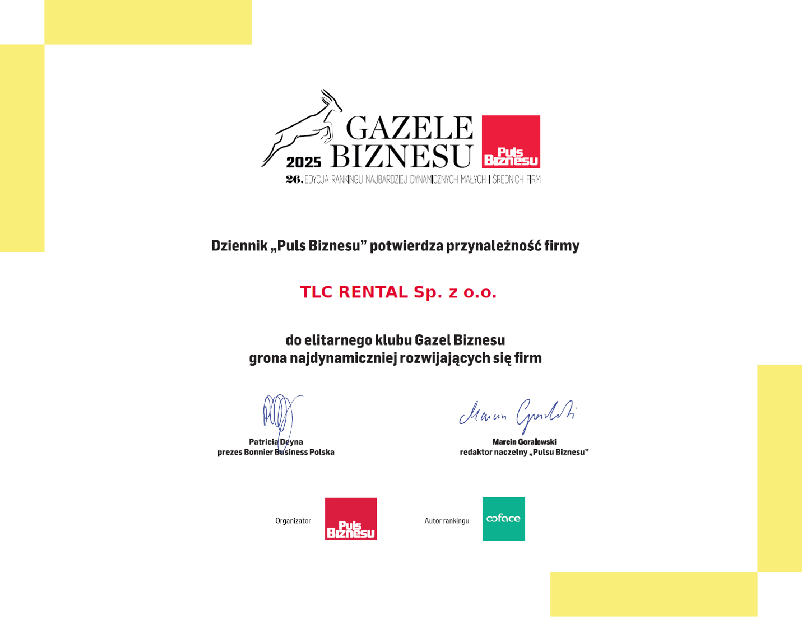 TLC Rental w rankingu Gazele Biznesu 2025 – stabilny rozwój firmy 